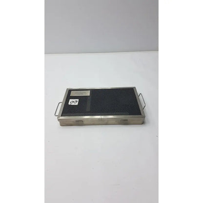 Rectangular stainless steel acufex pcl drill guide tray with black mesh surface and two metal side handles for drill guide accessories
