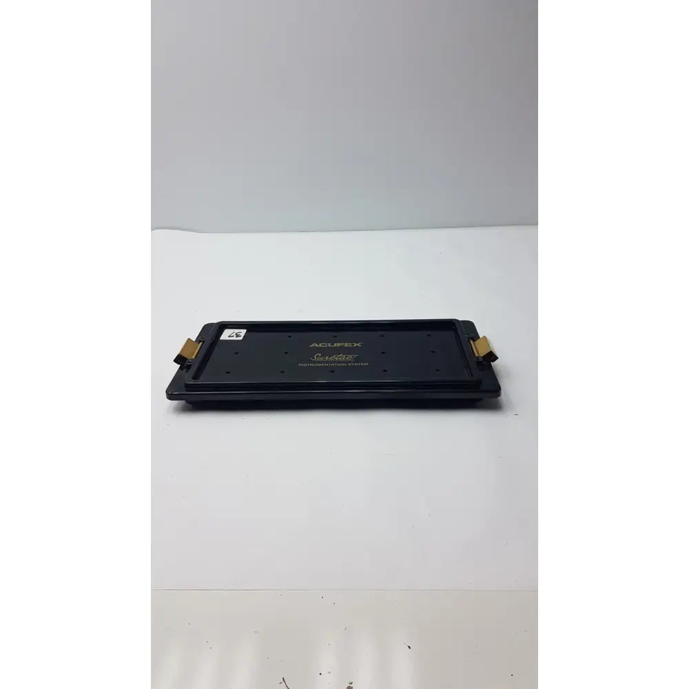 Black acupex saddlefit pro illumination system tray with gold-colored side clips for acufex suretac instrument use