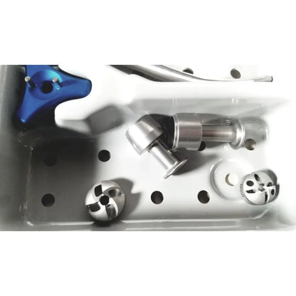 Silver metallic surgical implant components with polished finish from acumed modular hand system set missing piece