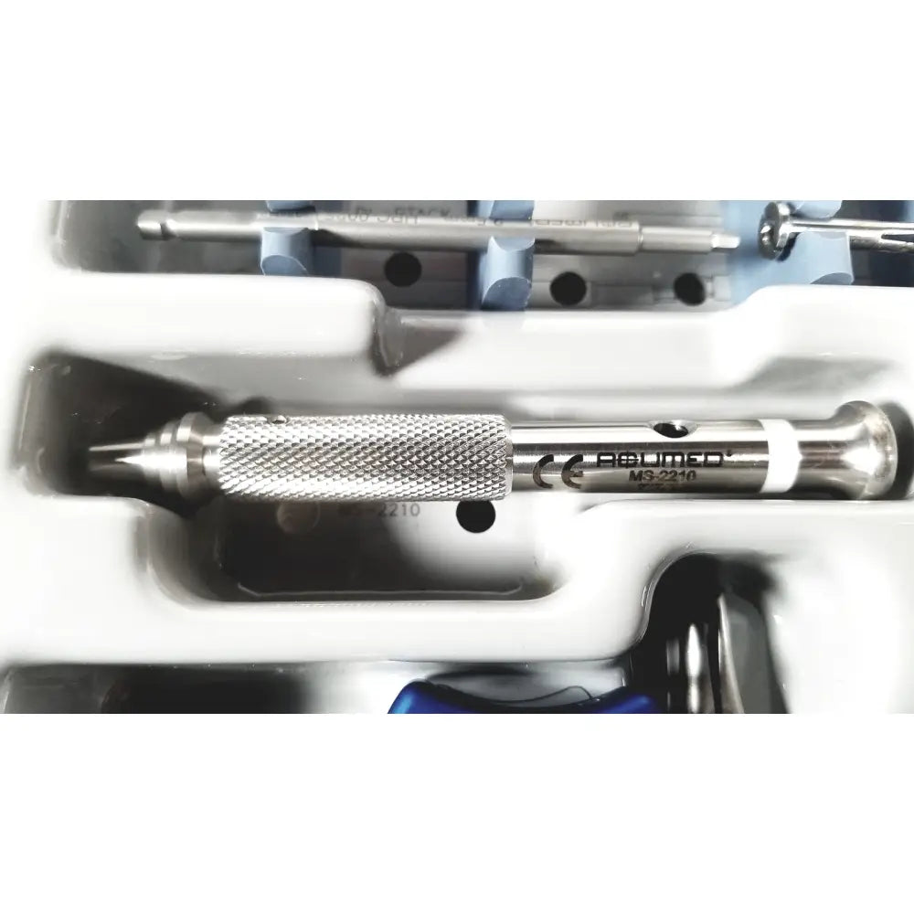 Silver surgical instrument with textured grip and engraved branding from acumed modular hand set missing piece