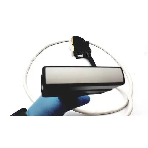 Black rectangular acuson l382 3.5 mhz linear array ultrasound transducer probe with silver metallic panel and connector cable