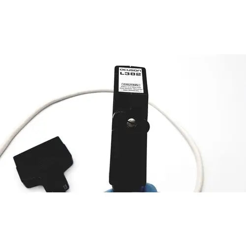 Black acuson l382 3.5 mhz linear array ultrasound transducer probe with white cable and black cap for medical use