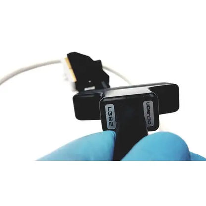 Black plastic Acuson L382 3.5 MHz linear array ultrasound transducer probe with silver labeling and white cable attached