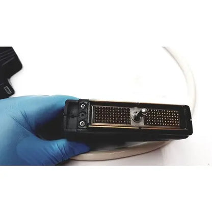Black rectangular printer cartridge with metallic contacts and central adjustment knob for acuson l382 3.5 mhz linear array ultrasound transducer