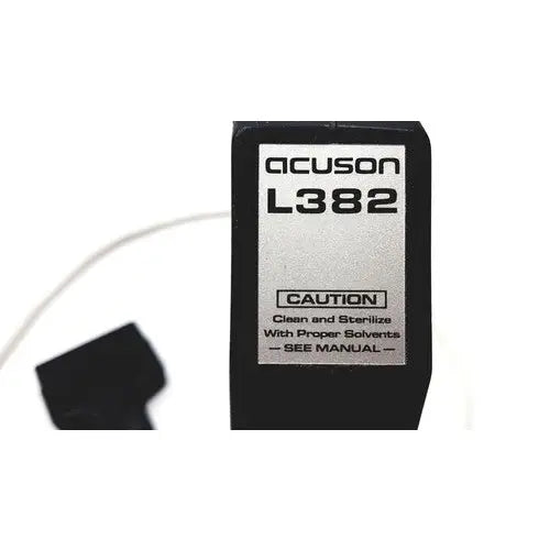 Black acuson l382 3.5 mhz linear array ultrasound transducer with silver label showing model and caution instructions
