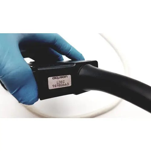 Black acuson l382 3.5 mhz linear array ultrasound transducer probe head with matte finish and labeled serial number