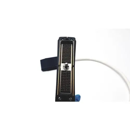 Black acuson l7384 linear ultrasound transducer probe with metallic button and white cable showing front side details