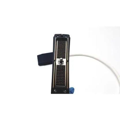 Black acuson l7384 linear ultrasound transducer probe with metallic button and white cable showing front side details
