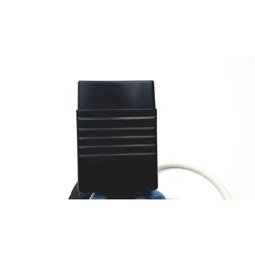 Black rectangular obd2 diagnostic tool with horizontal ridges shown alongside acuson l7384 linear array ultrasound probe