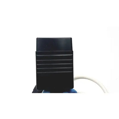 Black rectangular obd2 diagnostic tool with horizontal ridges shown alongside acuson l7384 linear array ultrasound probe