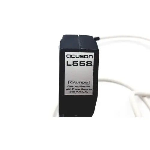 Black plastic acuson l7384 linear array ultrasound transducer back with white label showing model and caution details
