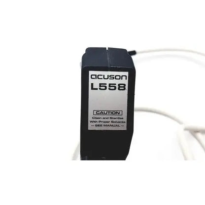 Black plastic acuson l7384 linear array ultrasound transducer back with white label showing model and caution details