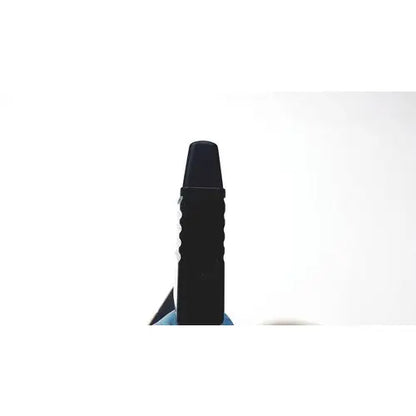 Black textured vape pen with sleek ergonomic design shown alongside acuson l7384 linear array ultrasound transducer probe
