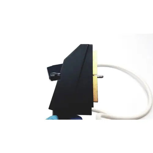 Black plastic acuson l7384 linear array ultrasound transducer probe with gold metallic plate and white cable attached