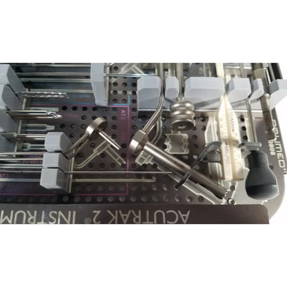 Stainless steel surgical instruments with gray holders in perforated tray for acutrak 2 headless compression screw system reuse medical