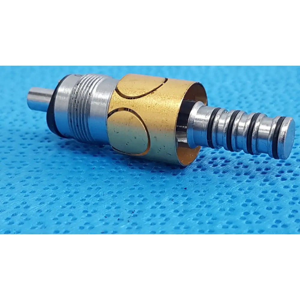 Adapter for w&h lw-style air high-speed handpieces with brass silver valve threaded ends black rubber seals and gold housing