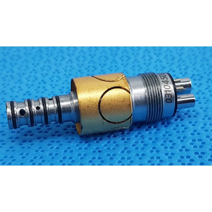 Silver and gold-colored adapter for w&h lw-style air high-speed handpieces with threaded metallic body and serial number 0310450