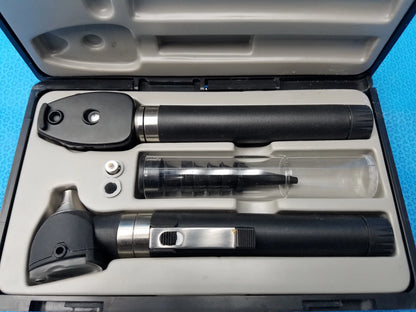Black and silver otoscope with sleek ergonomic design in adc diagnostix pocket diagnostic set with case