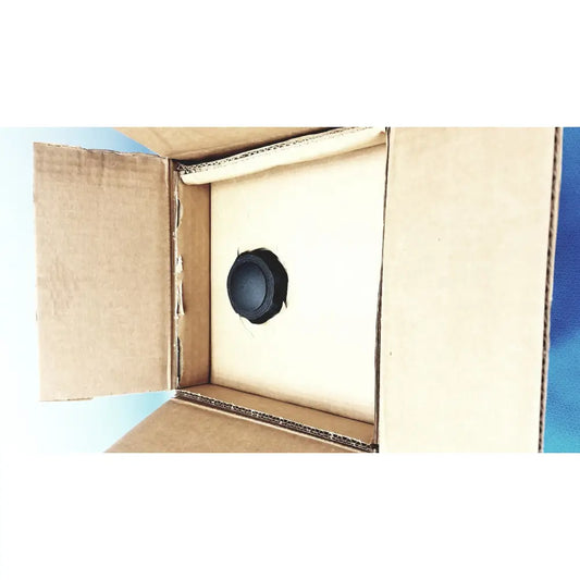 Black circular speaker driver inside cardboard box for adroit htp-1500 heat therapy pump heat therapy device