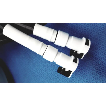 White plastic pipe connectors with black rubber seals for adroit HTP-1500 heat therapy pump tubing system