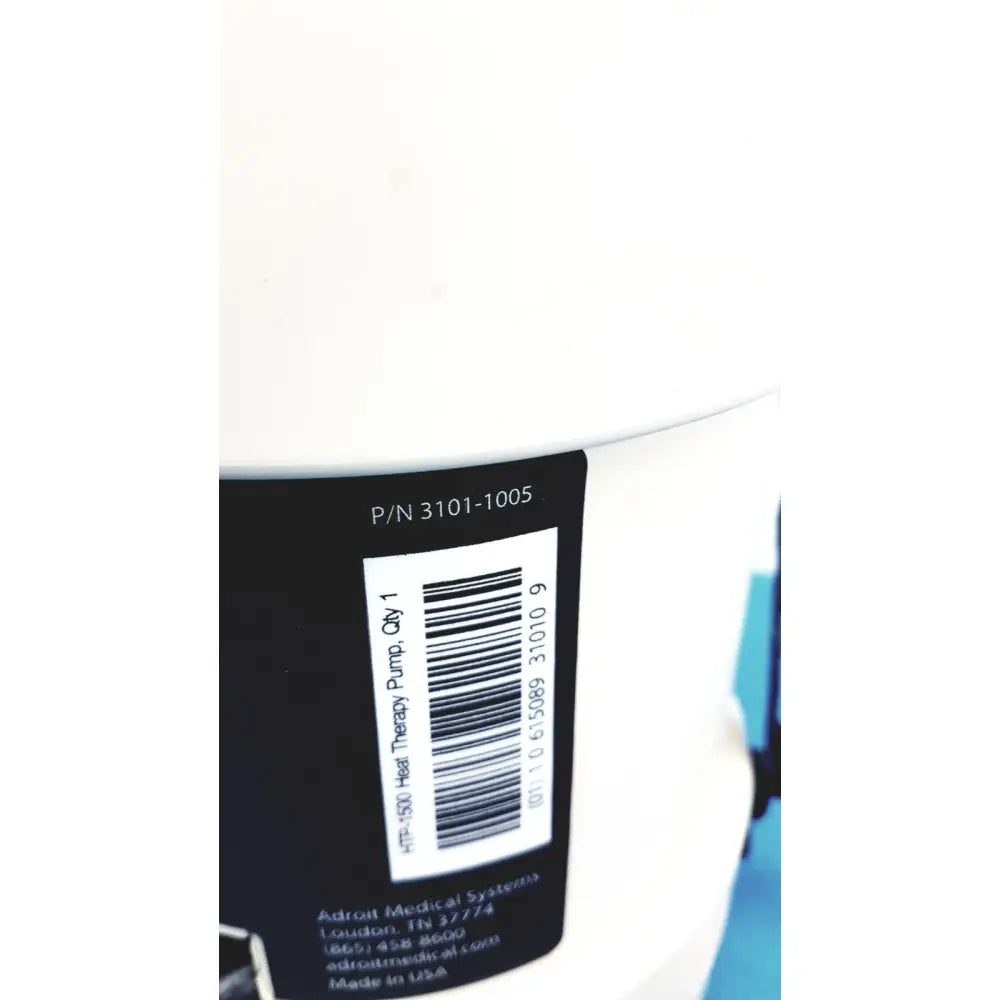 White cylindrical adroit htp-1500 heat therapy pump with black label and barcode for portable hot cold therapy use