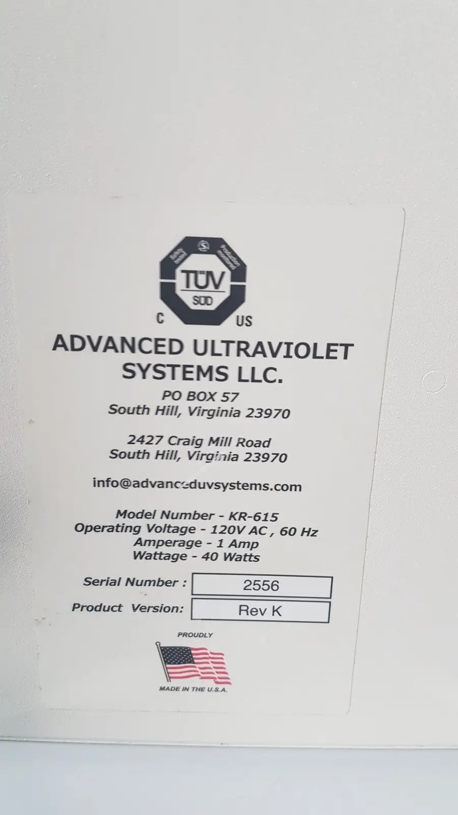 AVUS Advanced Ultra Violet Deep Disinfection System KR-615 40 Watts UV Disinfection System, as-is (for parts) product photo 6