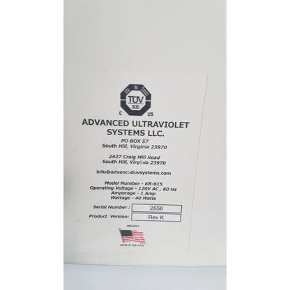 AVUS Advanced Ultra Violet Deep Disinfection System KR-615 40 Watts UV Disinfection System, as-is (for parts) product photo 6