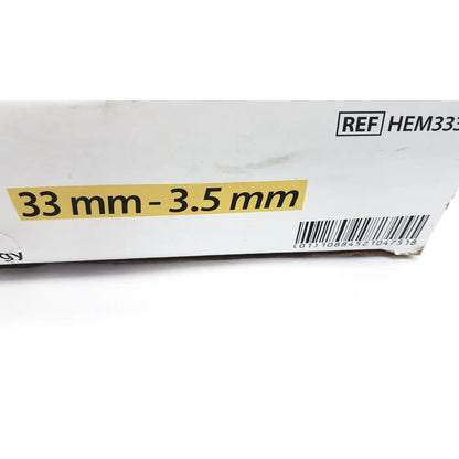 White cardboard box with yellow label showing 33 mm 3.5 mm and barcode for aerogen oxygen tubing 2m ref hem333