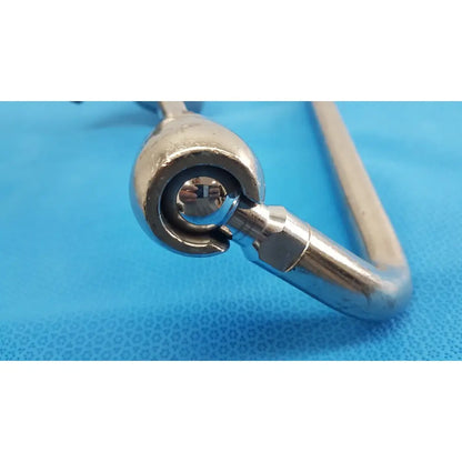 Shiny chrome-plated aesculap ff168r surgical retractor hook with curved polished finish and circular loop end