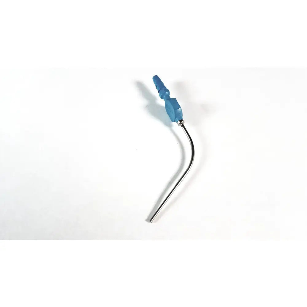 Blue plastic-handled aesculap gf 471r fukushima suction tube with curved metal shaft for surgical neurosurgery use