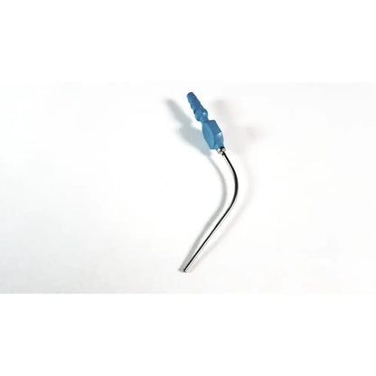 Blue plastic-handled aesculap gf 471r fukushima suction tube with curved metal shaft for surgical neurosurgery use