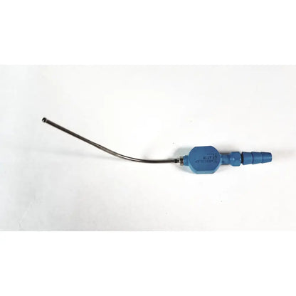 Blue plastic aesculap gf 471r fukushima suction tube with metallic curved tube and threaded connectors for neurosurgery use