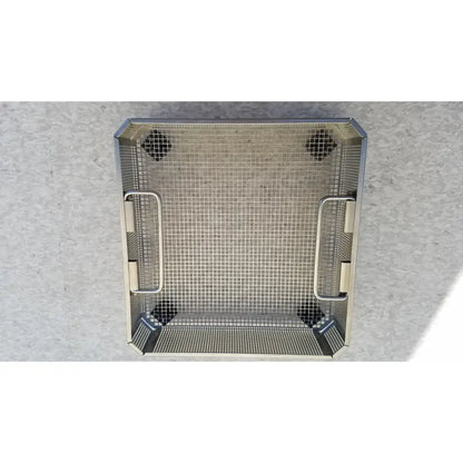Rectangular aesculap jf113r stainless steel mesh basket with reinforced handles and corner vents for sterilization