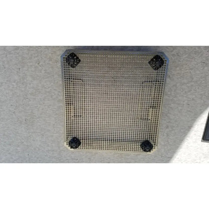 Square metal mesh grate with black plastic corner caps of aesculap jf113r stainless steel instrument sterilization basket tray