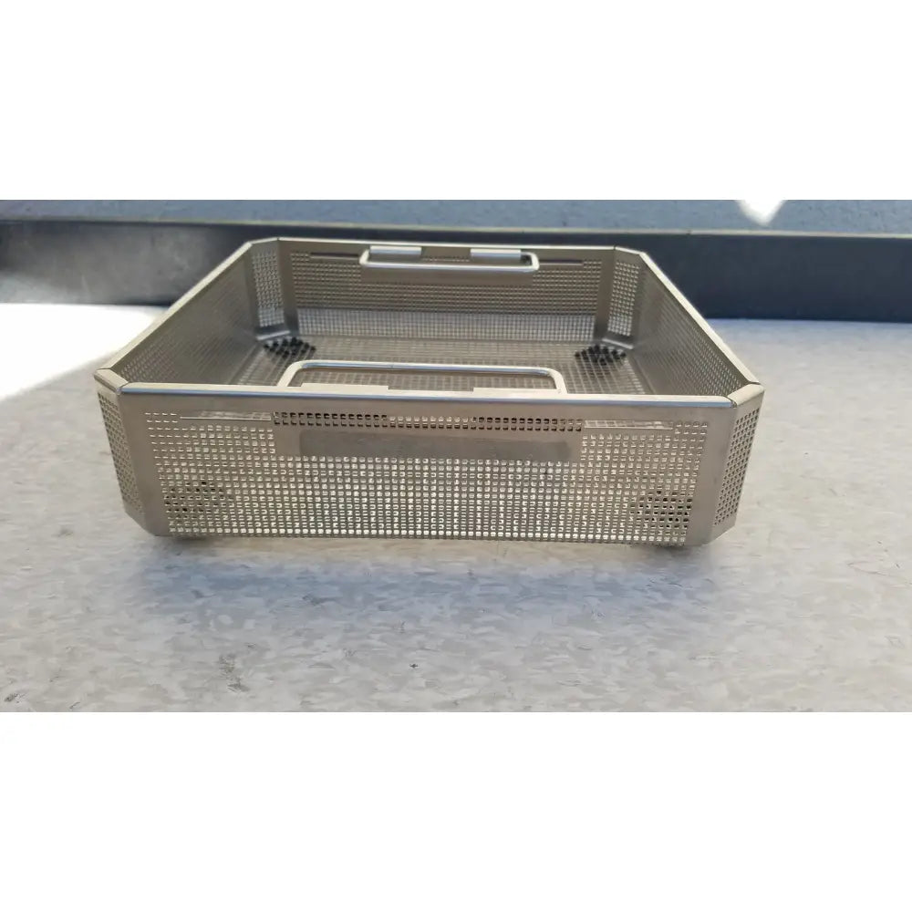 Aesculap jf113r stainless steel instrument sterilization basket tray with reinforced handles and perforated sides