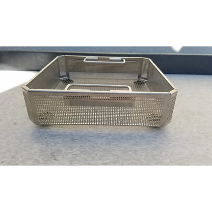 Aesculap jf113r stainless steel instrument sterilization basket tray with reinforced handles and perforated sides