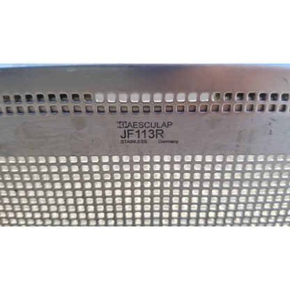 Stainless steel perforated panel with square holes and engraved branding of aesculap jf113r stainless instrument sterilization tray