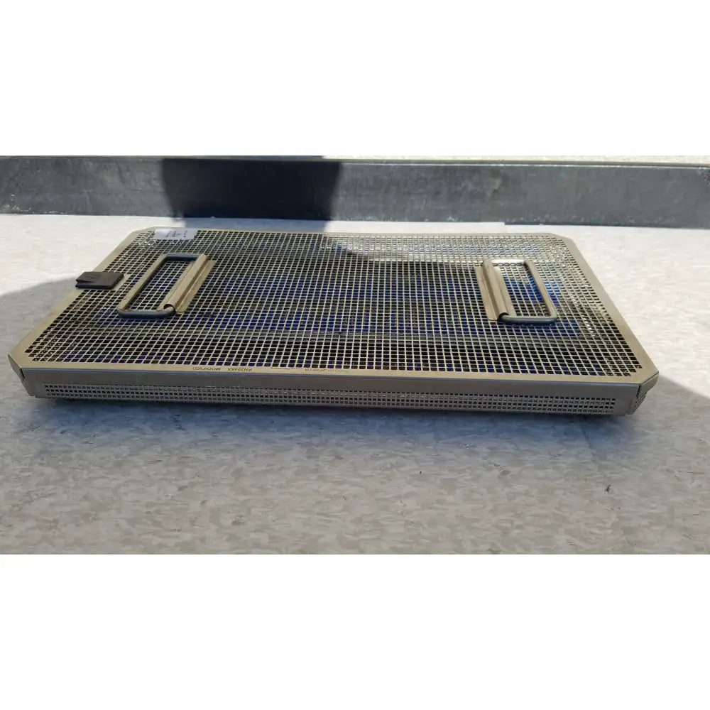 Rectangular metal mesh sterilization case tray with two handles and perforated base in metallic silver for jf257r jf251r