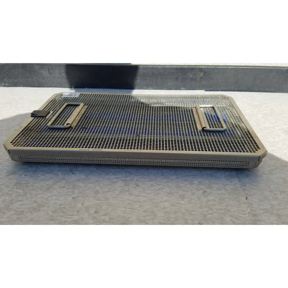 Rectangular metal mesh sterilization case tray with two handles and perforated base in metallic silver for jf257r jf251r
