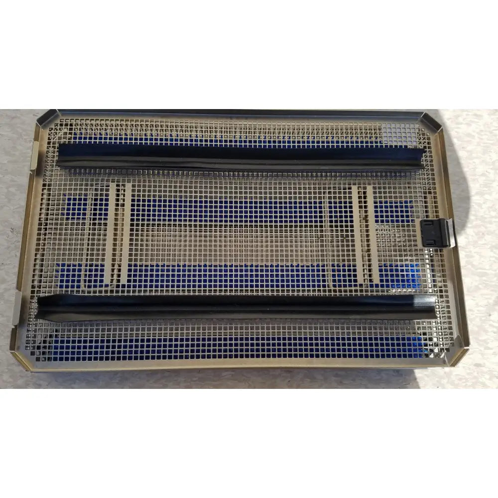 Rectangular metal mesh tray with black plastic dividers and latch for aesculap jf257r jf251r sterilization case pn3046a modified