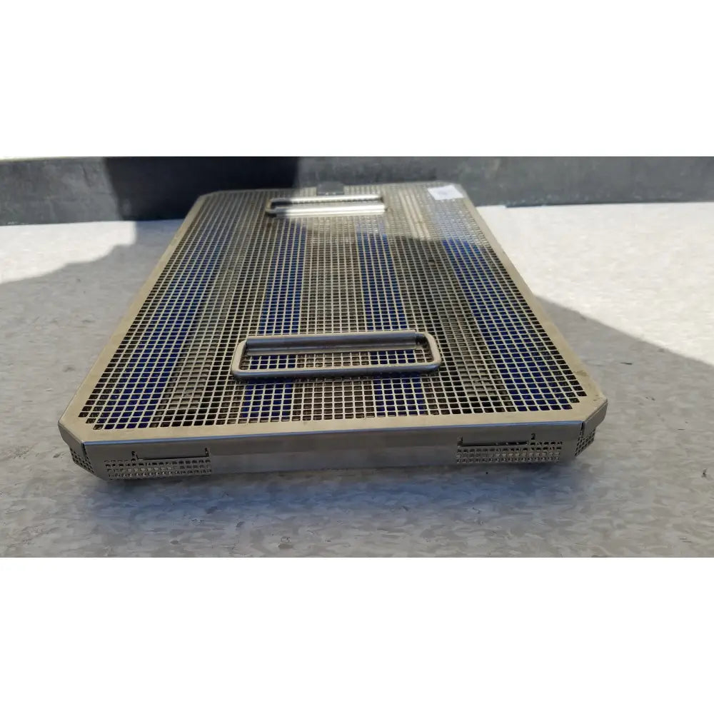 Rectangular stainless steel aseptic tray with grid pattern handles and perforated edges for jf257r jf251r sterilization case