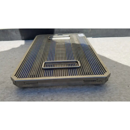 Rectangular stainless steel aseptic tray with grid pattern handles and perforated edges for jf257r jf251r sterilization case