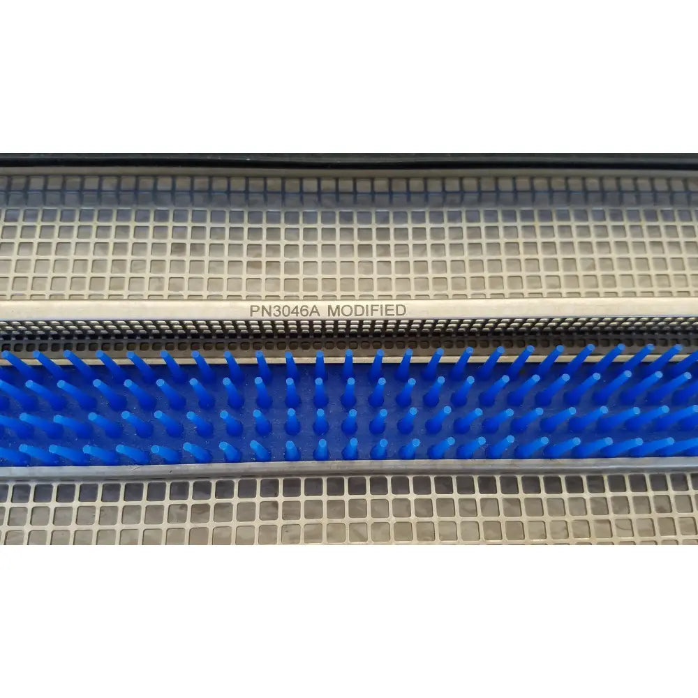 Blue plastic bristle brush with metallic frame labeled pn3046a modified for aesculap jf257r jf251r sterilization case tray