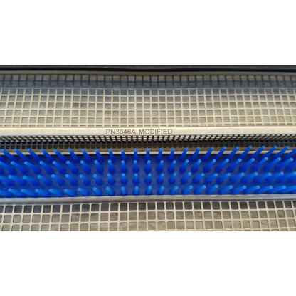 Blue plastic bristle brush with metallic frame labeled pn3046a modified for aesculap jf257r jf251r sterilization case tray