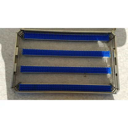 Blue plastic bristle trays arranged in a metal mesh tray for aesculap jf257r jf251r sterilization case pn3046a modified