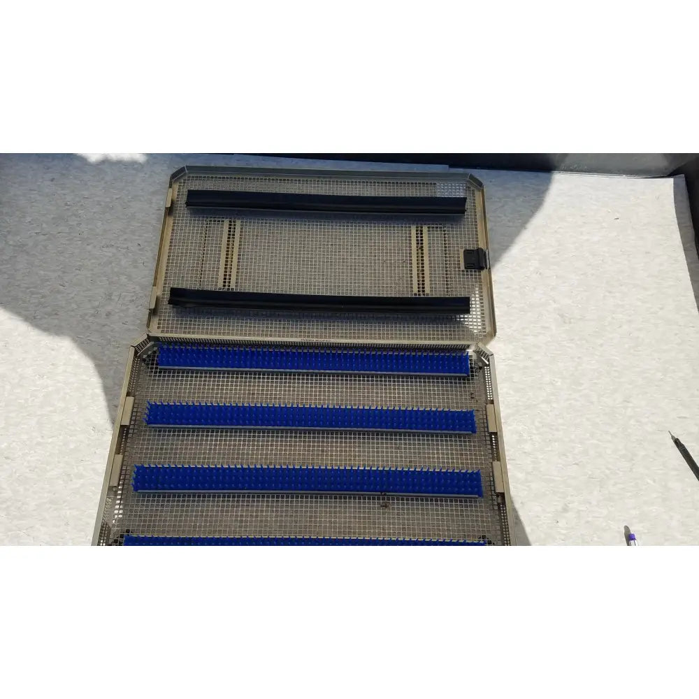 Metal mesh sterilization case tray pn3046a with black and blue plastic strips for aesculap jf257r jf251r instruments