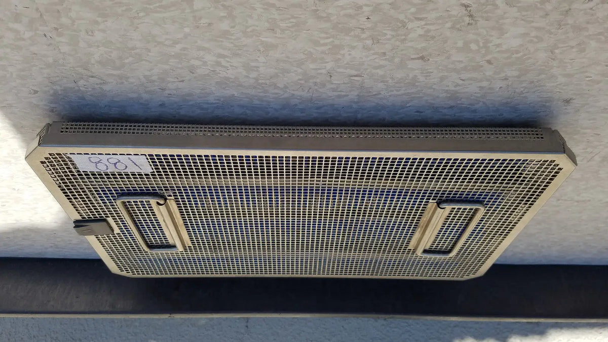 Metal mesh ventilation grille with beige finish and side handles for aesculap jf257r sterilization case tray pn2089a modified