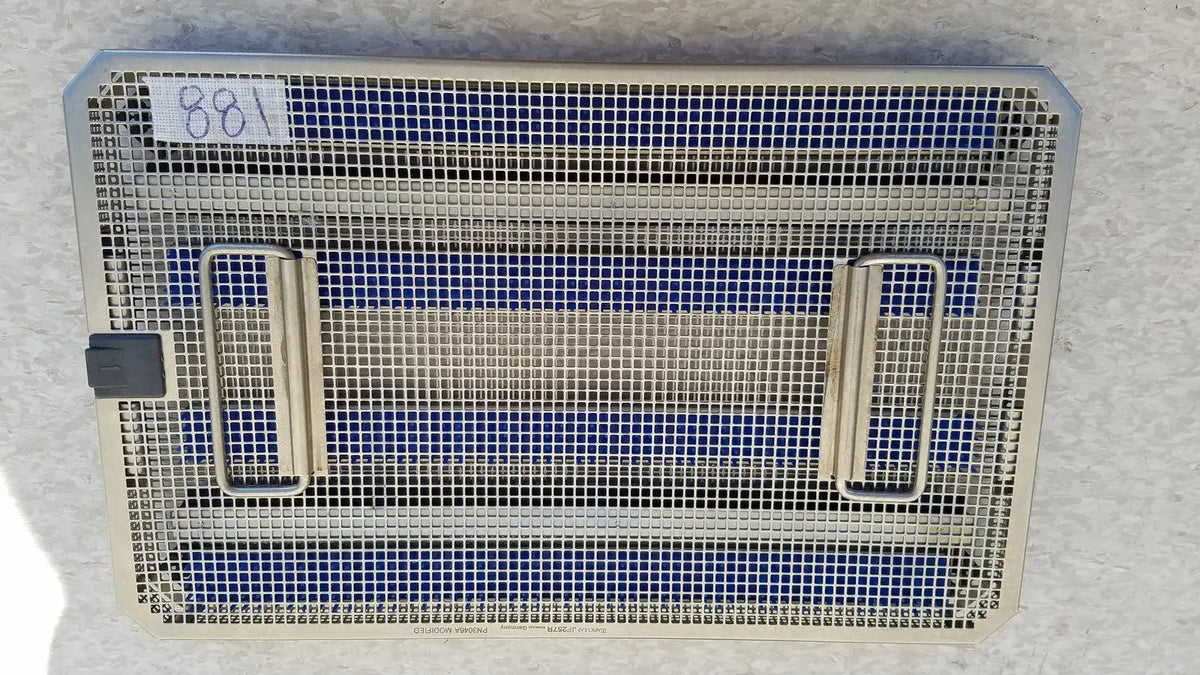 Rectangular metal mesh aesculap jf257r sterilization case tray with blue beige striped interior and black latch