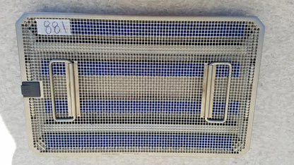 Rectangular metal mesh aesculap jf257r sterilization case tray with blue beige striped interior and black latch