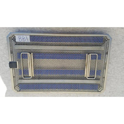 Rectangular metal mesh aesculap jf257r sterilization case tray with blue beige striped interior and black latch